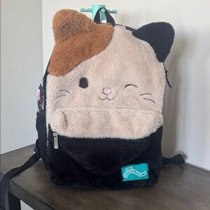 Squishmallows CAM The Calico Cat Fuzzy Fur Backpack Black, Cream & Brown 16” EUC